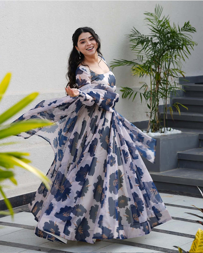 Blue Color Flower Print Tabby Organza Anarkali Suit