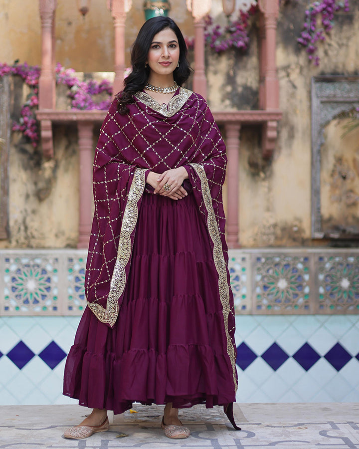 Plum Color Star Georgette Gown With Embroidered Dupatta