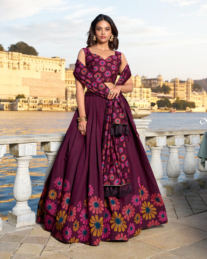 WIne Color Tussar Silk Floral Printed Lehenga Choli