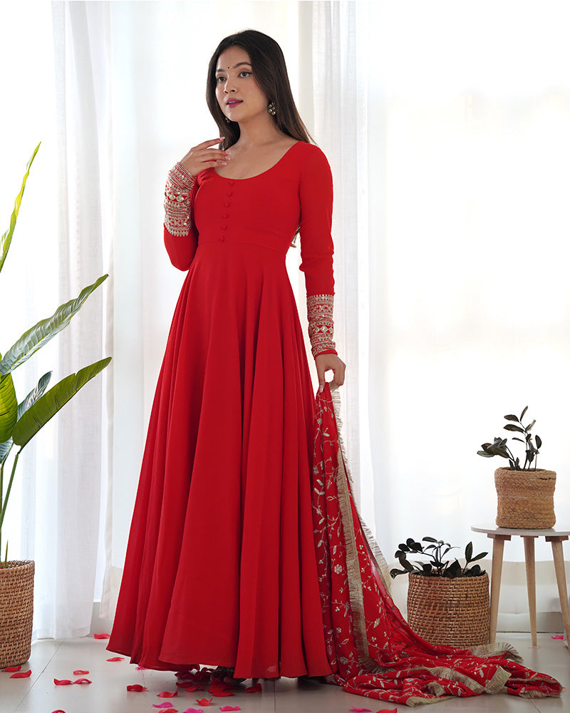 Red Color Soft Georgette Anarkali Gown With Heavy Embroidery Work Dupatta