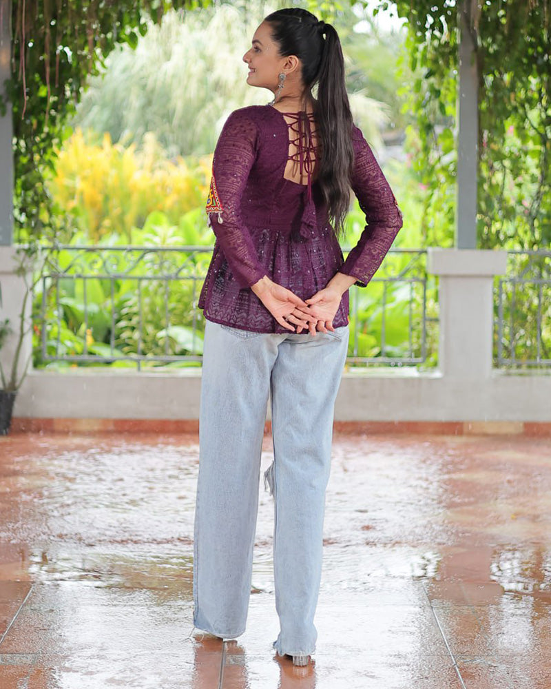 Wine Color Georgette Schiffli Work Navratri Kediya