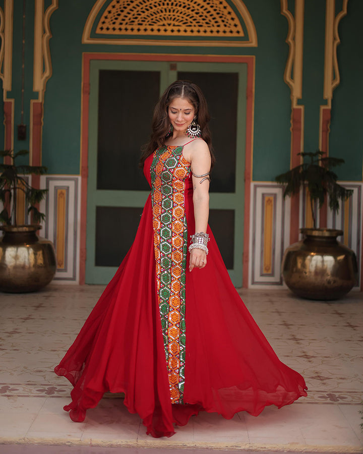 Red Color Faux Blooming Navratri Gown