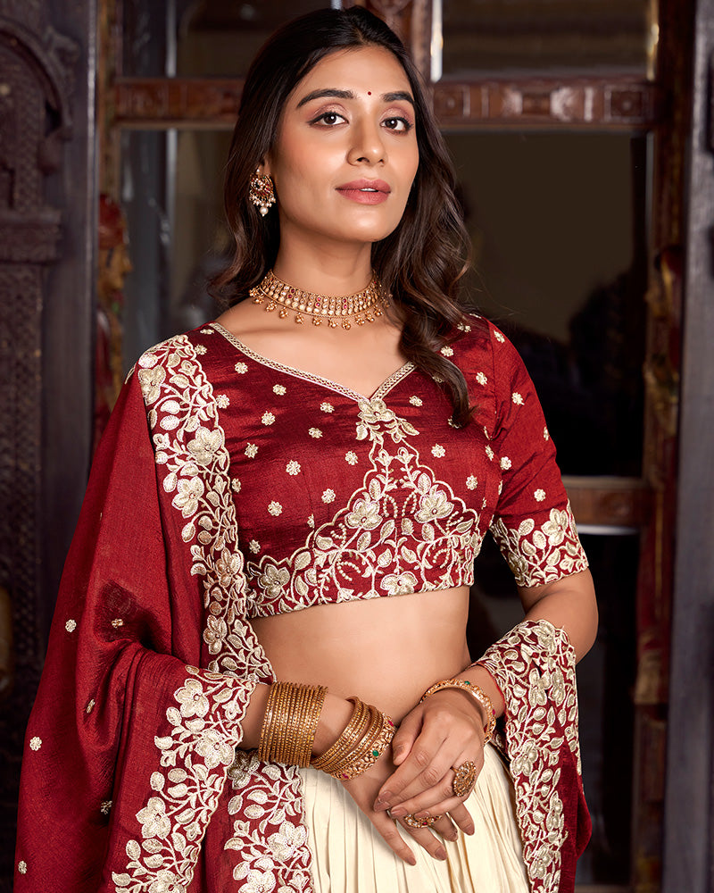 Off White Color Tussar Silk Printed And Foil Work Lehenga Choli