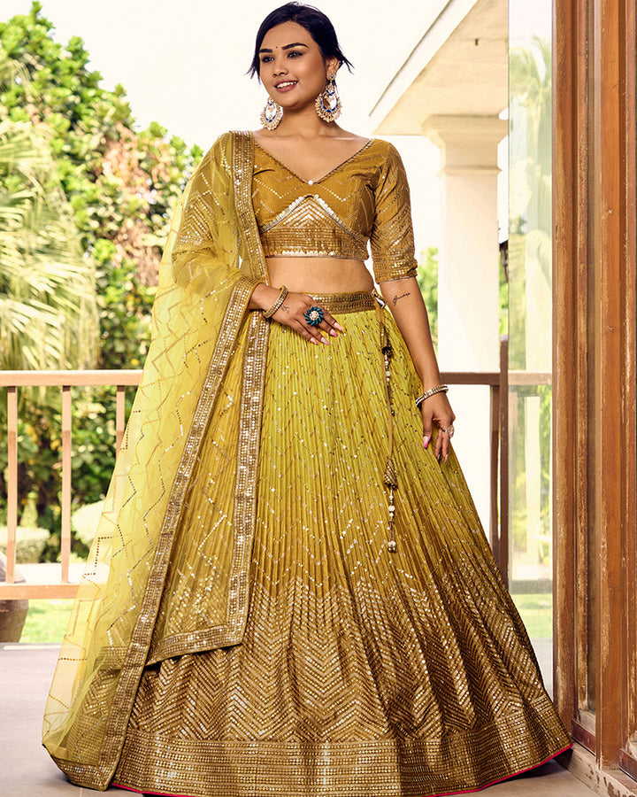 Yellow Color Chinon Embroidered Lehenga