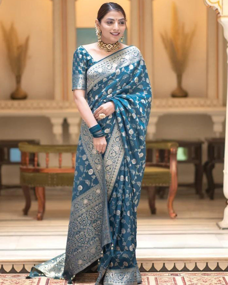 Rama Color Banarasi Jacquard With Zari Work Saree