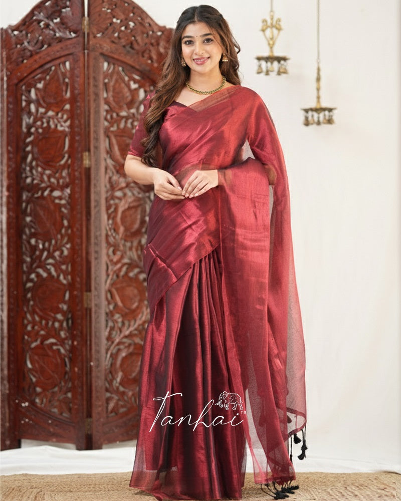 Maroon Color Handloom Raga Tissue Cotton Saree