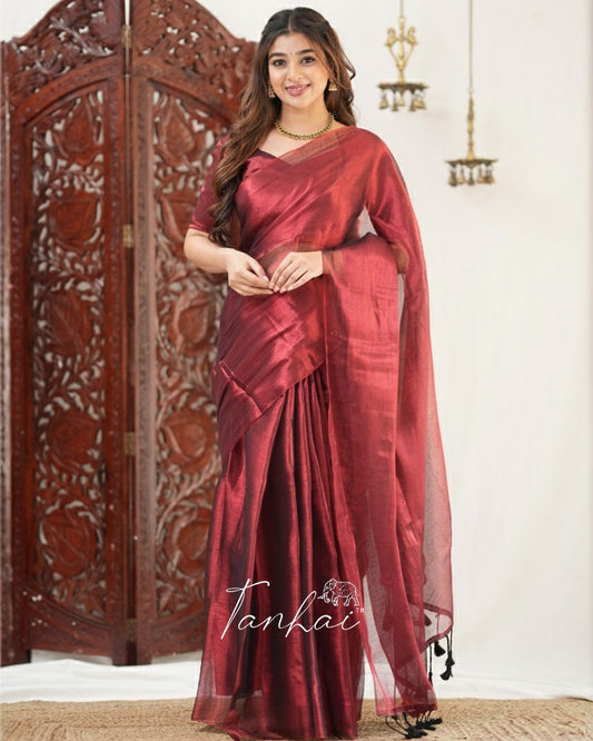 Maroon Color Handloom Raga Tissue Cotton Saree