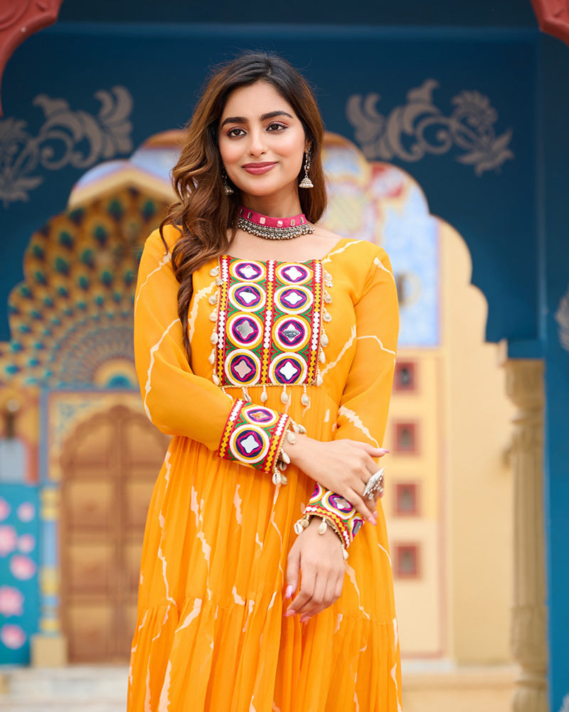 Yellow Color Georgette Laheriya Print Navratri Gown