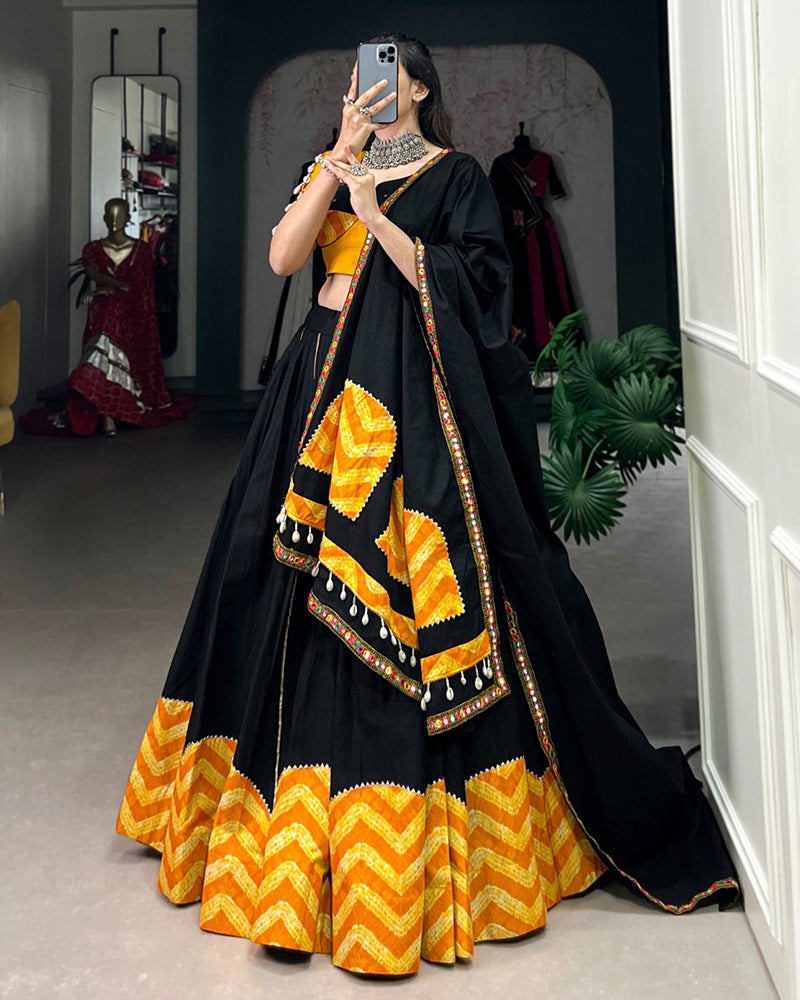 Mustard And Black Color Pure Cotton Navratri Lehenga Choli