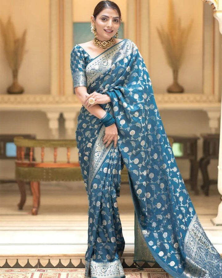 Rama Color Banarasi Jacquard With Zari Work Saree