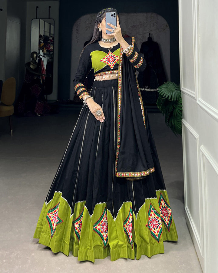 Green And Black Color Cotton Gamthi Work Navratri Lehenga Choli