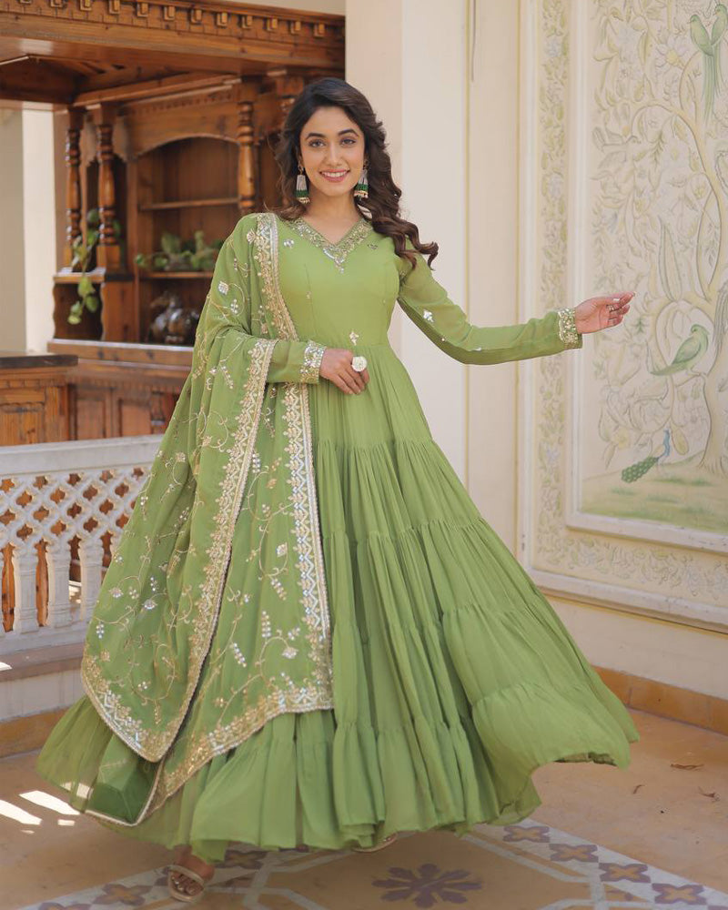Parrot Green Color Faux Georgette Designer Anarkali Gown With Dupatta TANHAI Parrot Green Color Faux Georgette Designer Anarkali Gown With Dupatta TANHAI