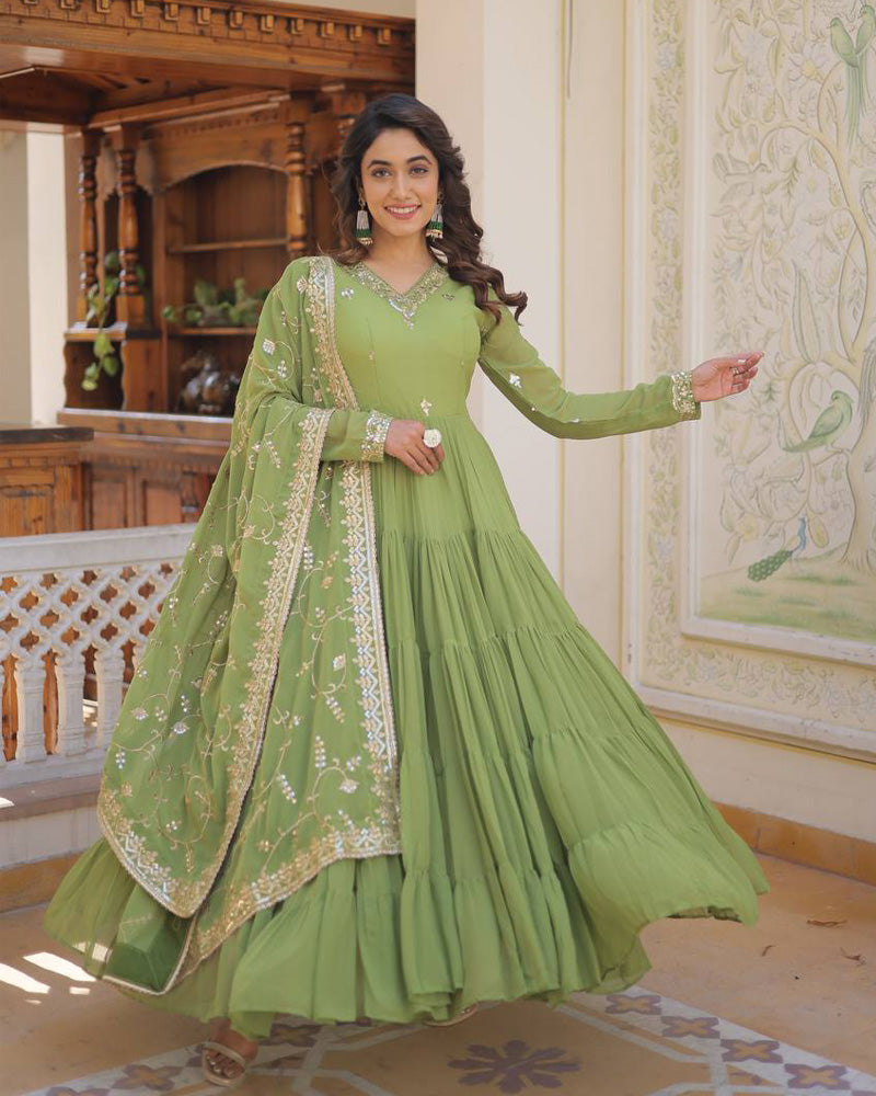 Parrot Green Color Faux Georgette Designer Anarkali Gown With Dupatta