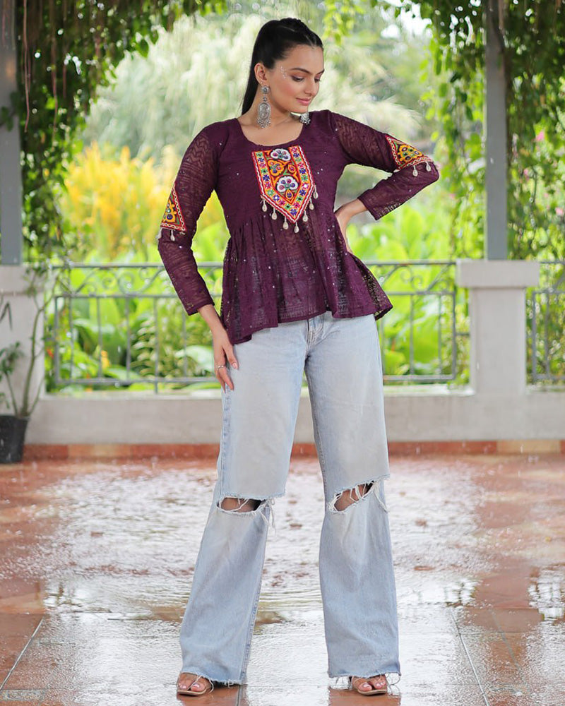 Wine Color Georgette Schiffli Work Navratri Kediya