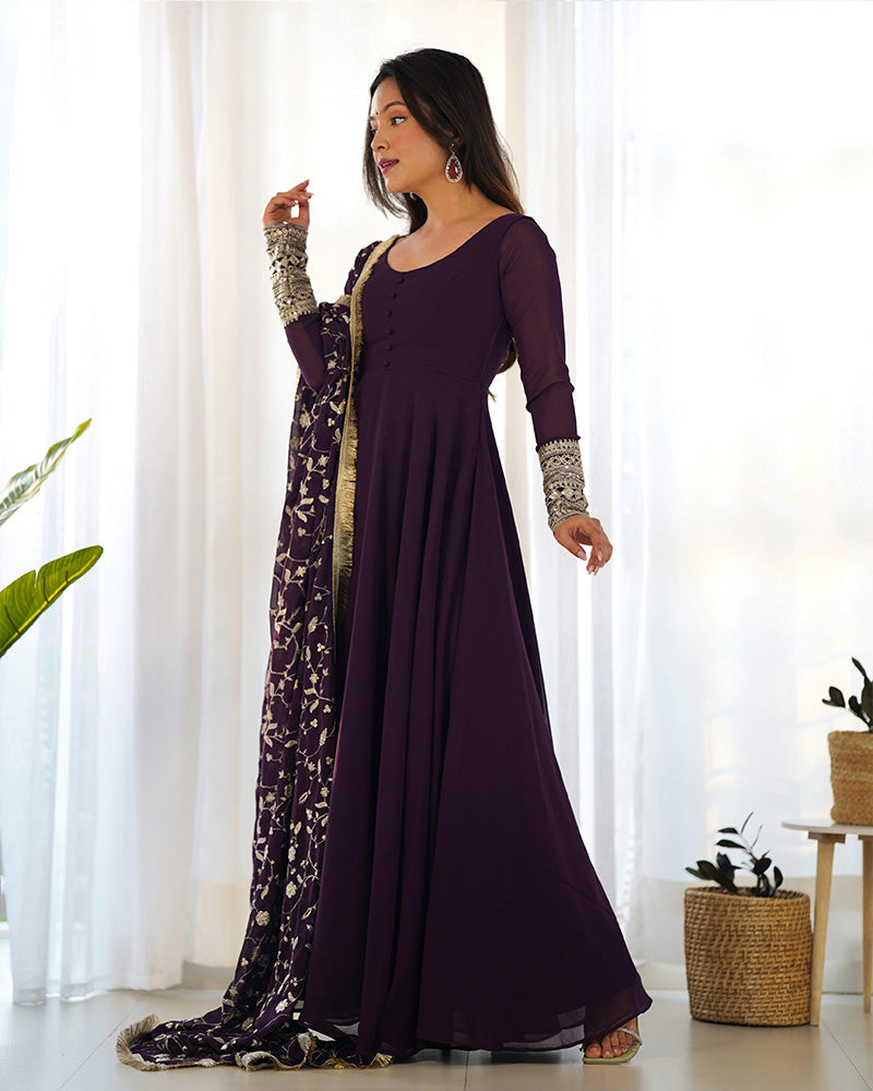 Wine Color Soft Georgette With Heavy Embroidery Work Dupatta Anarkali Suit
