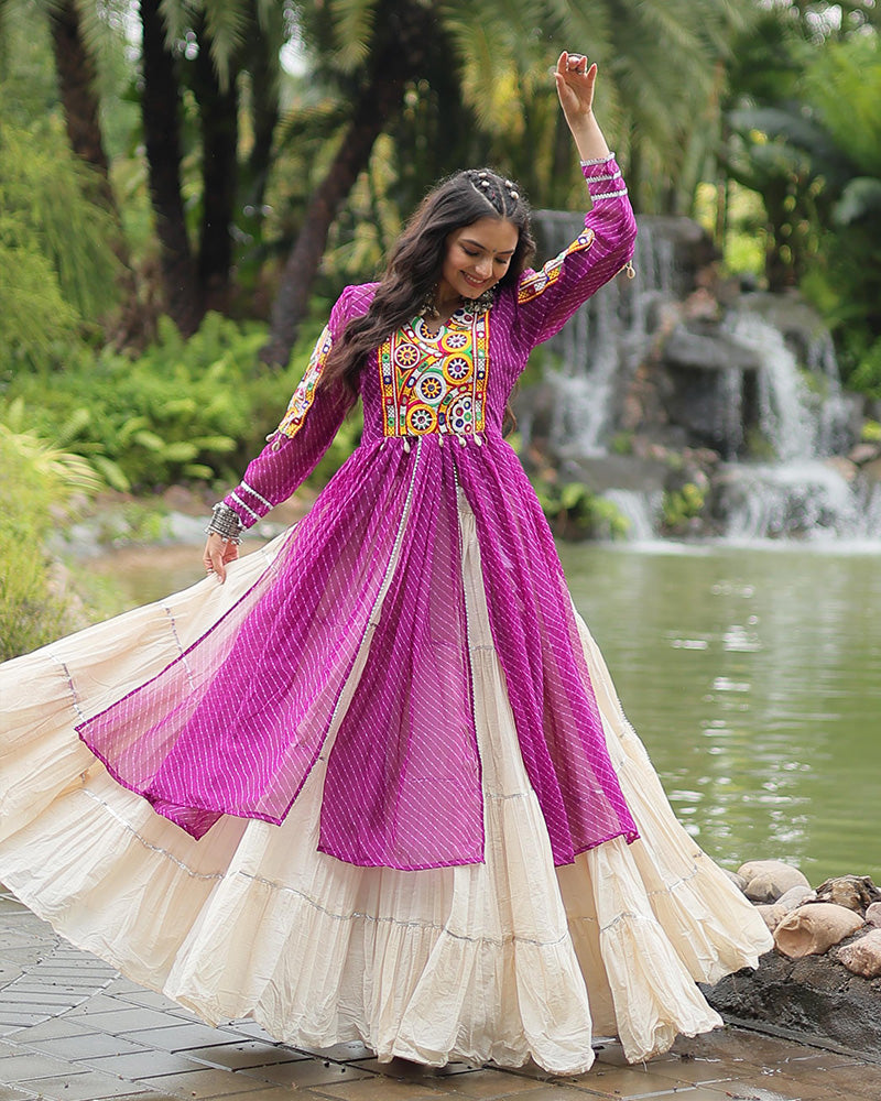 White Color Kora Cotton Lehenga With Purple Kurti