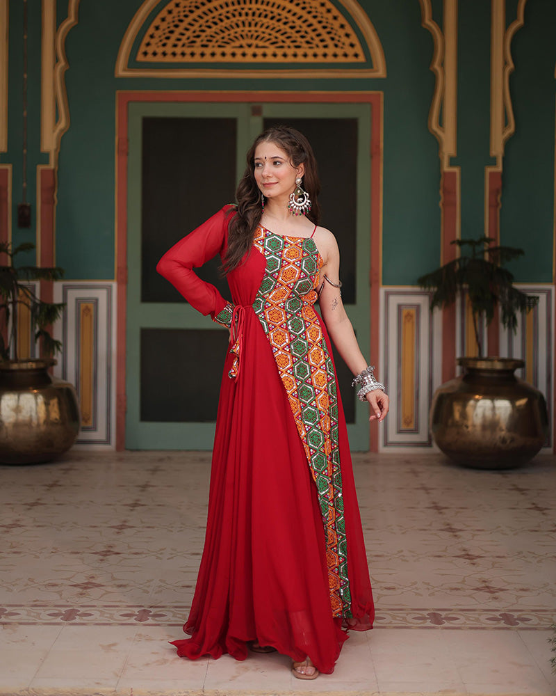 Red Color Faux Blooming Navratri Gown