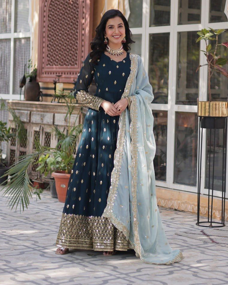Viking Blue Color Faux Blooming Zari Embroidered Work Gown