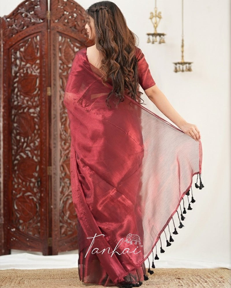 Maroon Color Handloom Raga Tissue Cotton Saree