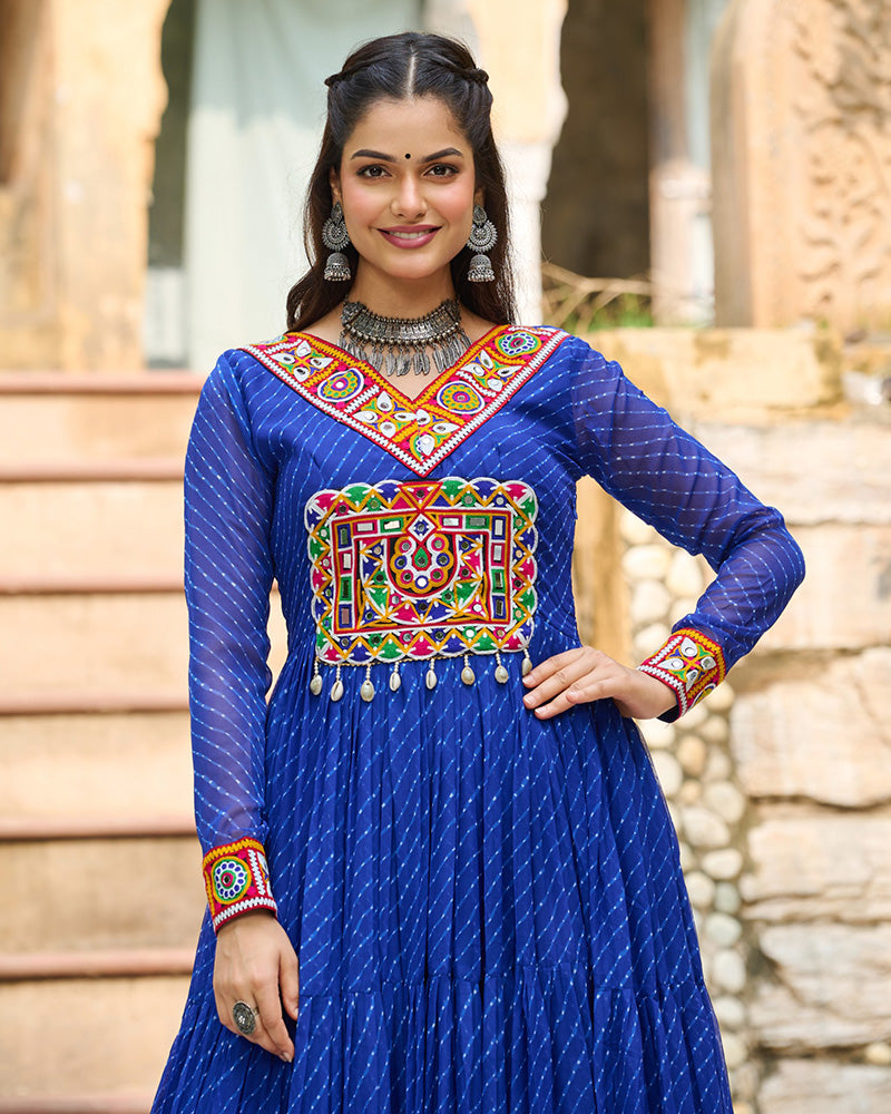 Vibrant Blue Kutchi Work Laheriya Printed Anarkali Gown