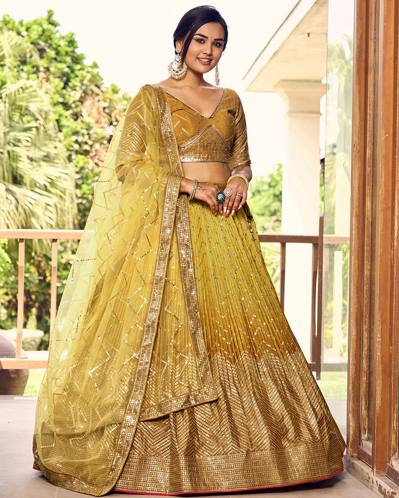 Yellow Color Chinon Embroidered Lehenga