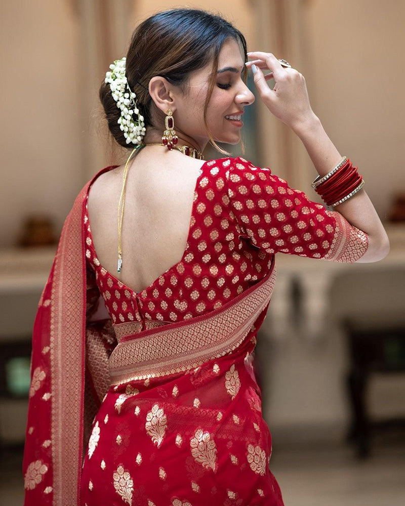 Red Color Banarasi All Over Jacquard Soft Silk Saree