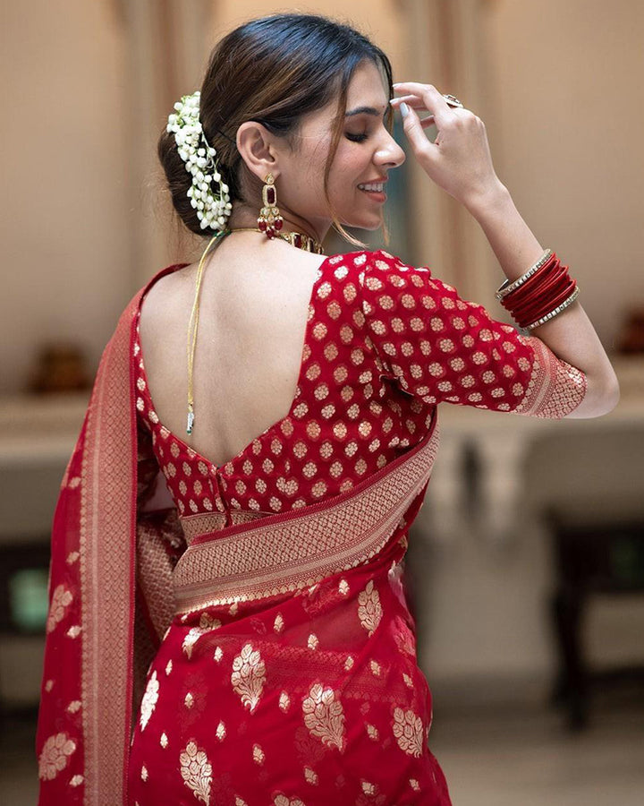 Red Color Banarasi All Over Jacquard Soft Silk Saree