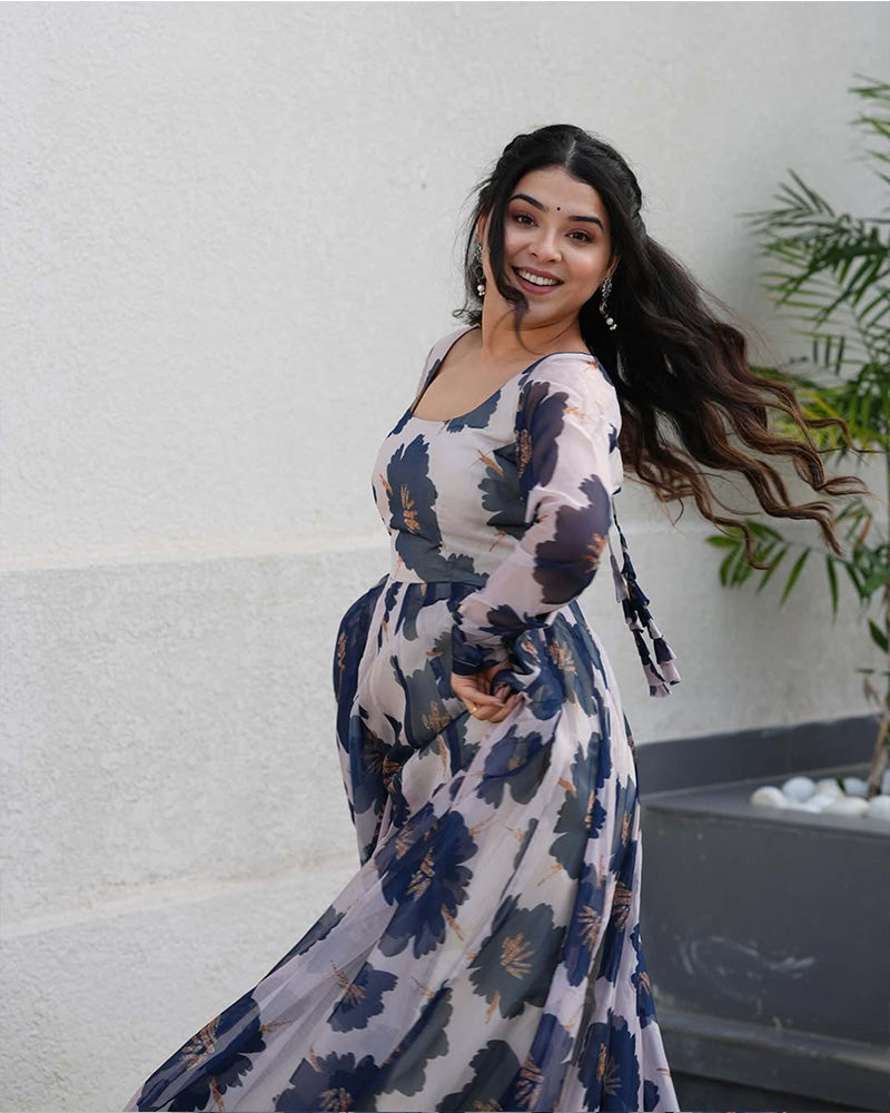 Blue Color Flower Print Tabby Organza Anarkali Suit