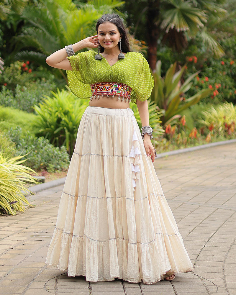 White Color Kora Cotton Lehenga With Parrot Green Choli