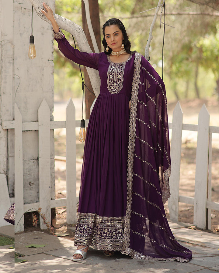Purple Color Faux Blooming Rich Sequence Embroidered Gown