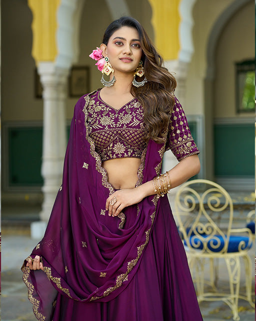 Wine Color Embroidered Rangoli Silk Lehenga Choli