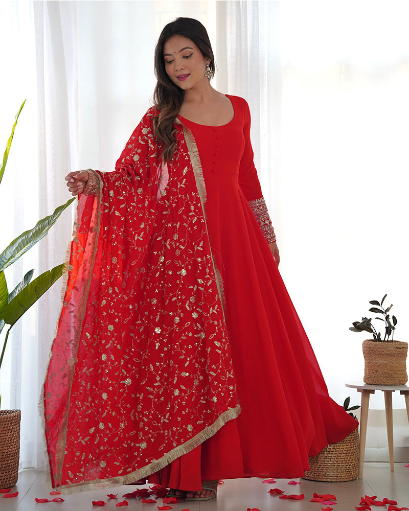 Red Color Soft Georgette Anarkali Gown With Heavy Embroidery Work Dupatta