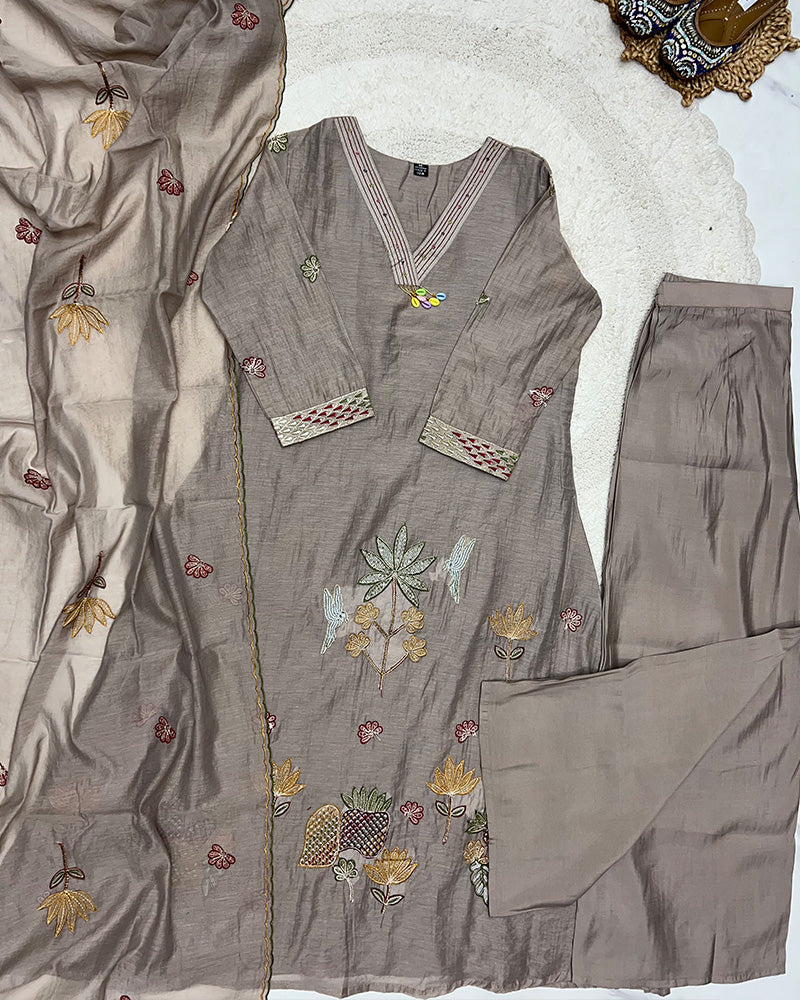 Chocolate Color Mal Cotton Three Piece Kurti Suit