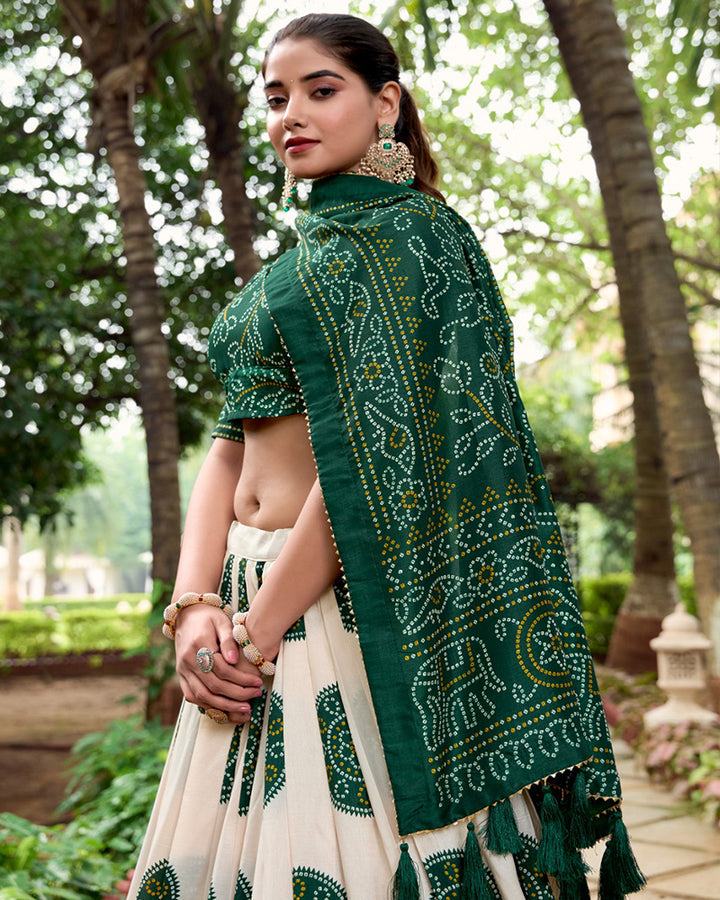 Green Color Tussar Silk Bandhej Printed Lehenga Choli