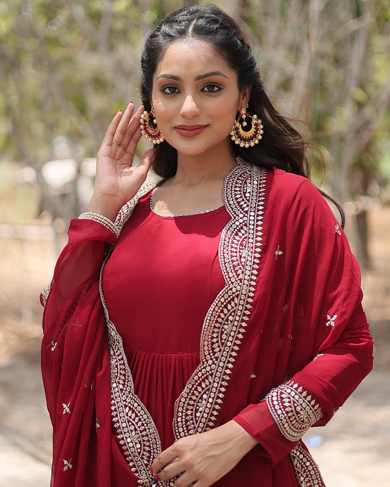 Maroon Color Designer Embroidered Gown With Dupatta