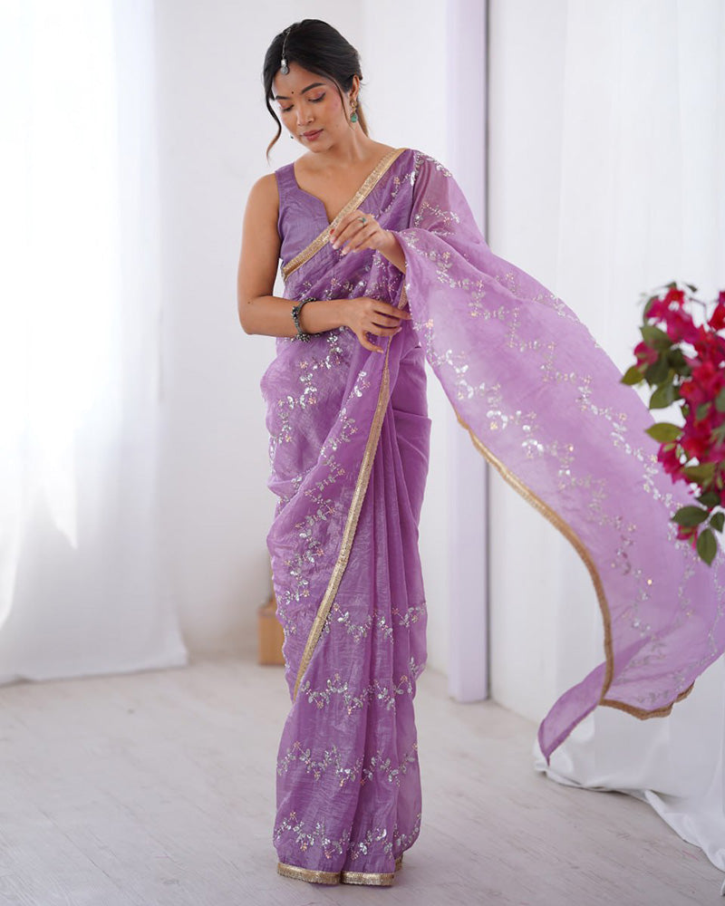Lavender Color Smooth Gold Crush Embroidered Saree
