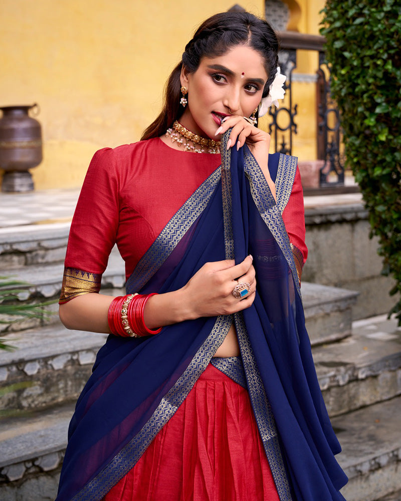 Designer Red Color Poly Cotton Half Saree