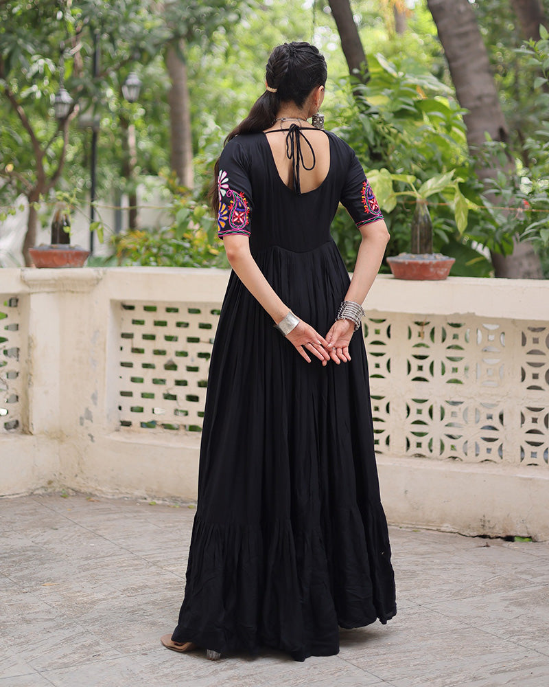 Black Color Rayon Kutchi Gamthi Style Navratri Gown