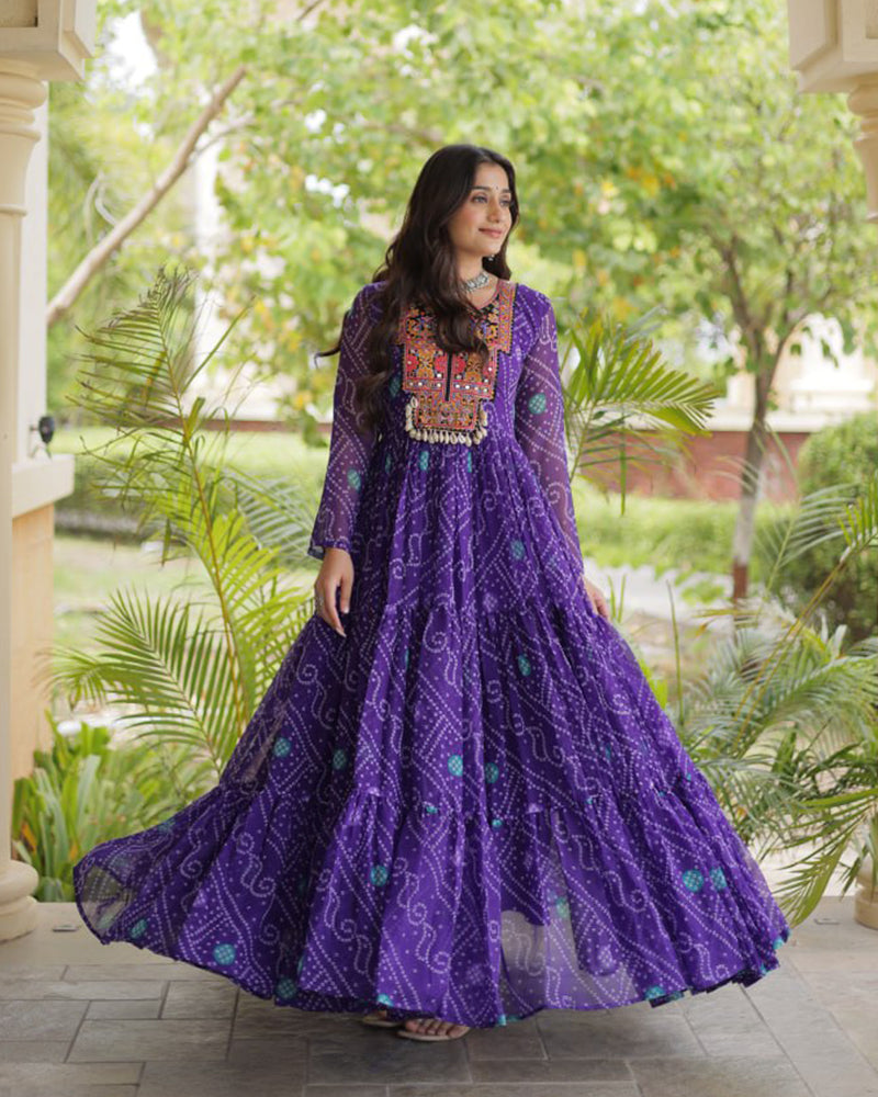 Purple Color Bandhani Print Faux Georgette Navratri Gown