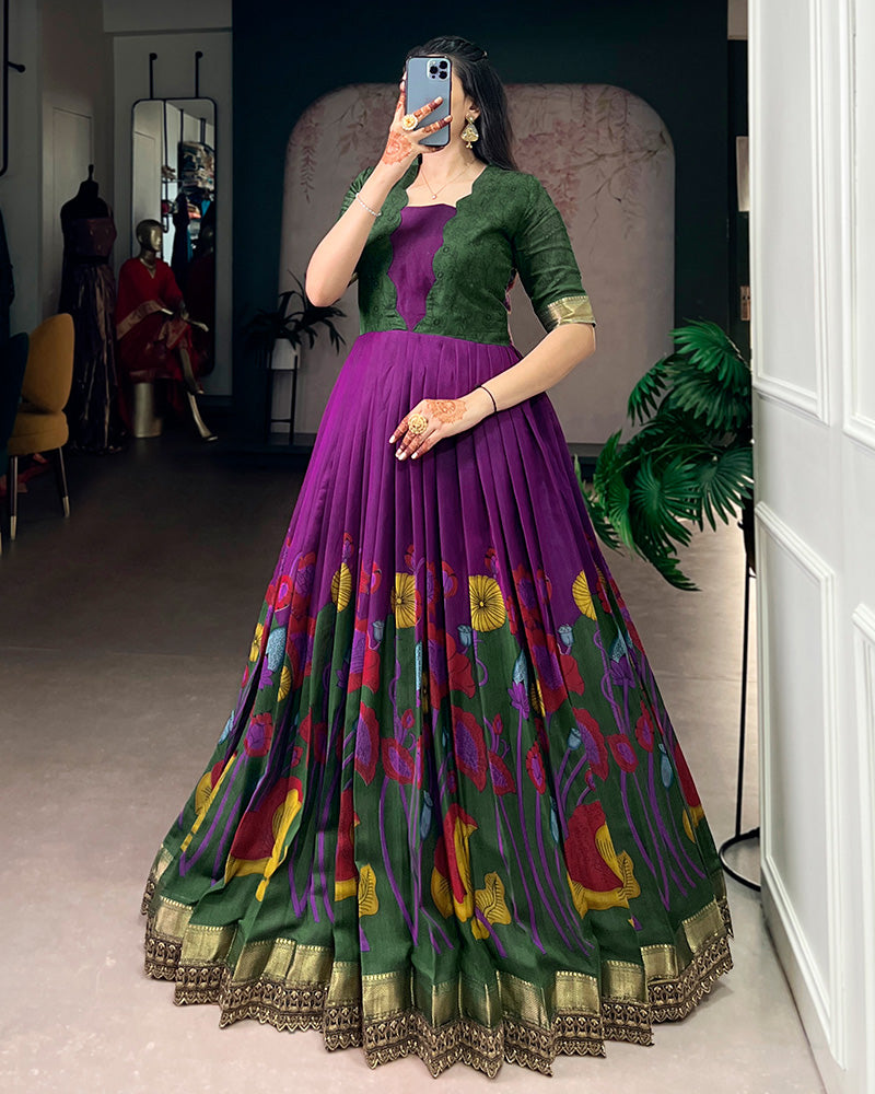 Purple Color Viscose Chanderi Floral Printed Gown