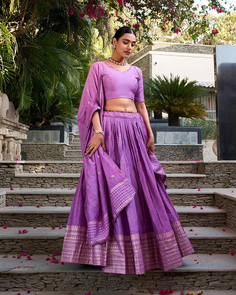 Purple Color Pure Chanderi Plain Navratri Half Saree