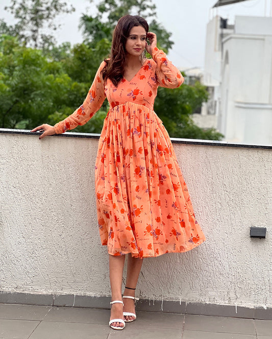 Orange Color Georgette Floral Printed Tunic