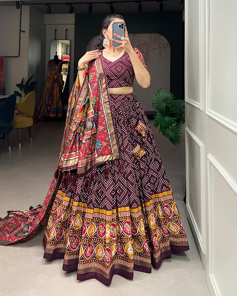 Wine Color Tussar Silk Bandhej And Patola Printed Navratri Lehenga Choli