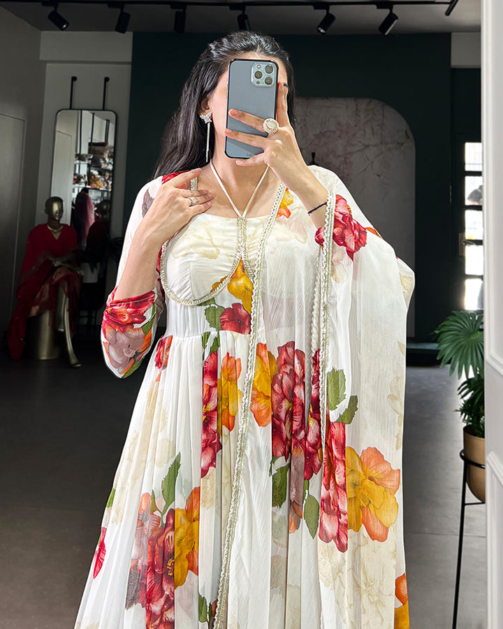 White Color All Over Floral Printed Chiffon Gown