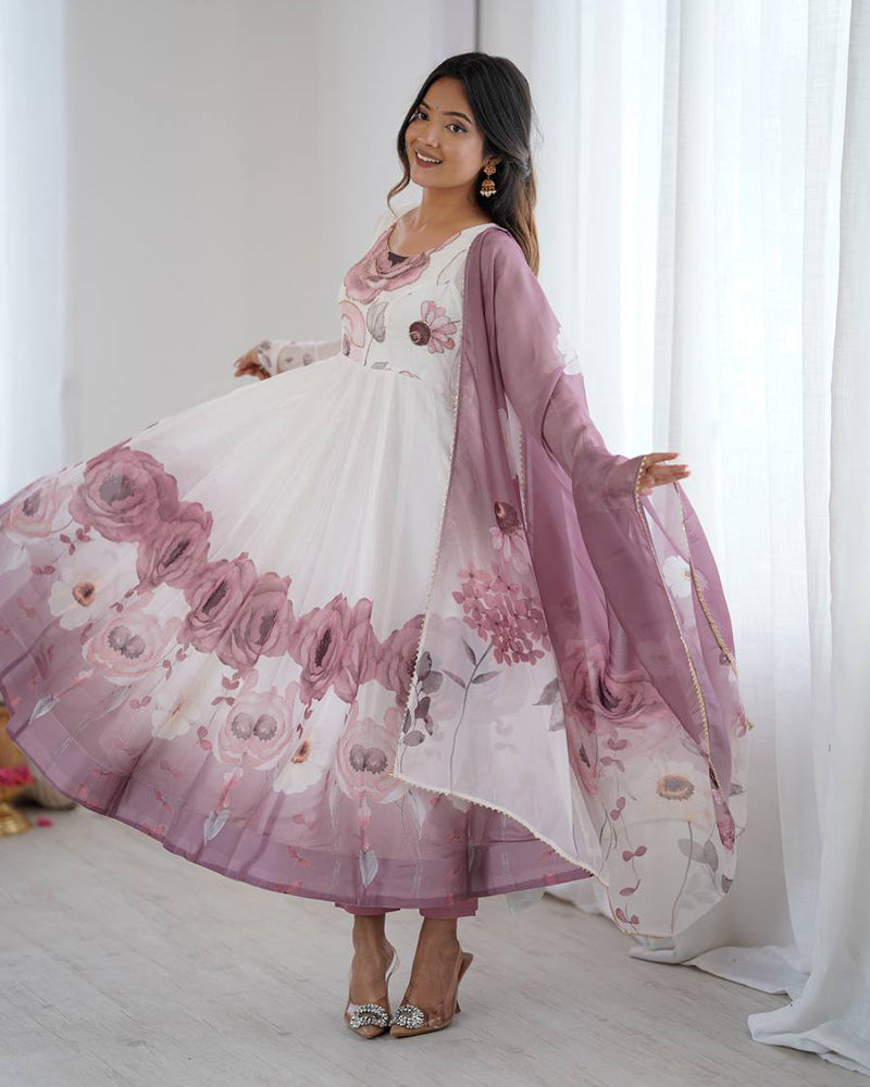 Onion Pink Color Floral Pure Soft Tebby Organza Three Piece Anarkali Suit