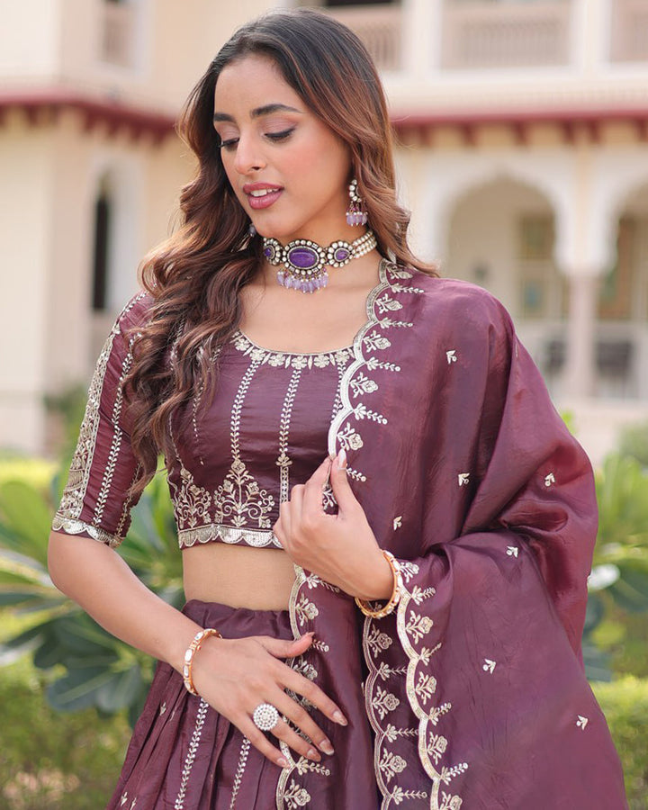 Deep Plum Color Gold Crush Embroidered Lehenga Choli