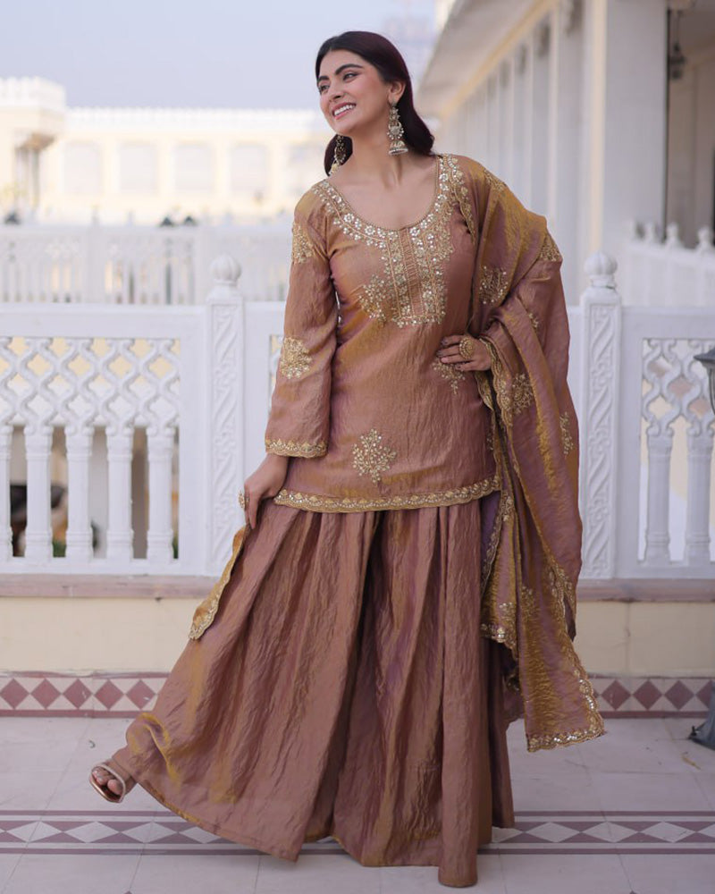 Chikoo Color Fendi Crush Embroidered Plazzo Suit