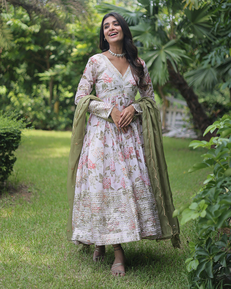 Wedding Wear Floral Embroidered Off White Color Alia Cut Gown With Dupatta
