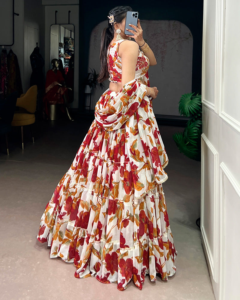 White Color Marble Floral Printed Lehenga Choli