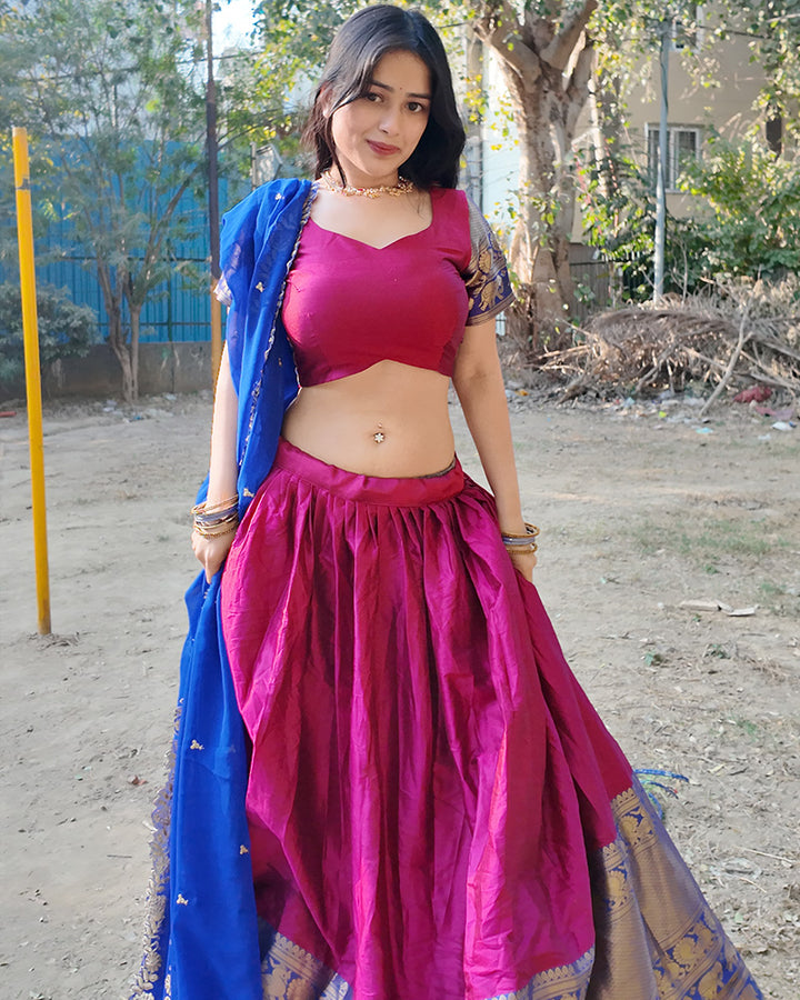 Khushi Maheshwari In Pink Color Narayan Pattu Silk Designer Half Saree